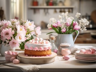 Obraz na płótnie Canvas A warmly lit, cozy kitchen scene featuring a beautifully decorated cake with pink cream and edible flowers, surrounded by fresh blossoms in a vase, delicate eggs, a vintage tea set