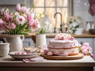 Obraz na płótnie Canvas A warmly lit, cozy kitchen scene featuring a beautifully decorated cake with pink cream and edible flowers, surrounded by fresh blossoms in a vase, delicate eggs, a vintage tea set