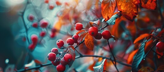 A close-up view of a branch with vibrant red rosehip berries and green leaves. The autumnal vegetation is captured in detail, showcasing the beauty of natures colors. - obrazy, fototapety, plakaty