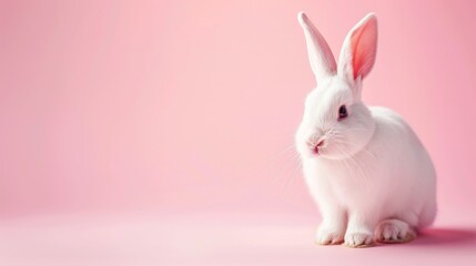 A pristine white domestic rabbit with tall, alert ears and soft fur sits calmly, looking slightly to the side set against a uniform pastel pink backdrop, giving a feeling of gentleness and serenity.