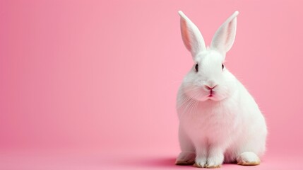 Obraz premium A pristine white domestic rabbit with tall, alert ears and soft fur sits calmly, looking slightly to the side set against a uniform pastel pink backdrop, giving a feeling of gentleness and serenity.