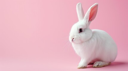 Obraz premium A pristine white domestic rabbit with tall, alert ears and soft fur sits calmly, looking slightly to the side set against a uniform pastel pink backdrop, giving a feeling of gentleness and serenity.