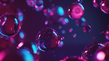 A collection of bubbles suspended in the air, illuminated by neon light, creating a whimsical and captivating display of spherical forms. - obrazy, fototapety, plakaty