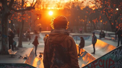 A man is in a skate park at sunset with a sky filled with vibrant colors - Powered by Adobe