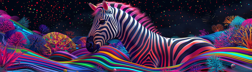 Psychedelic patterns in holographic fashion draping surreal wildlife in dazzling spectrums