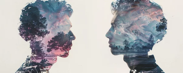 Poster Surreal portraits where faces morph into holographic landscapes blending reality and fantasy © earthstudiotomo