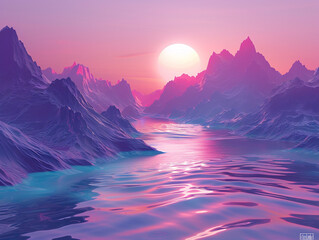 Alien landscapes lit by holographic sunsets surreal rivers flowing through holographic mountains - obrazy, fototapety, plakaty