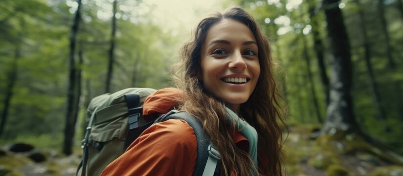 A young woman with a backpack is seen taking a selfie in the woods. She appears to be on a hiking expedition, surrounded by green trees. It is a sunny day, and she looks to be enjoying the nature