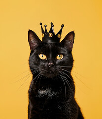 Cute black cat wearing a crown 