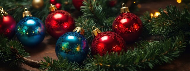 Obraz na płótnie Canvas Christmas tree with blue and red balls decoration