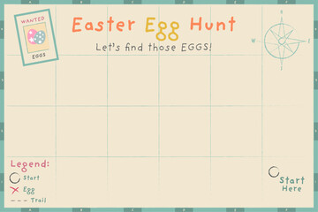 Easter egg hunt map. Blank quest map with instructions, compass and frame. Search and find clues. Printable vector illustration for children. - obrazy, fototapety, plakaty