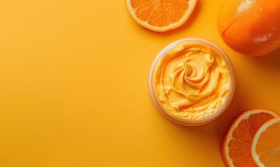 bright orange skincare cream texture with citrus fruit and peel on monochromatic background,copy space for text