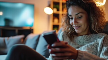 smiling individual enjoying content on a smartphone, cozily curled up at home, with the soft glow of a TV screen and ambient lights in the background.