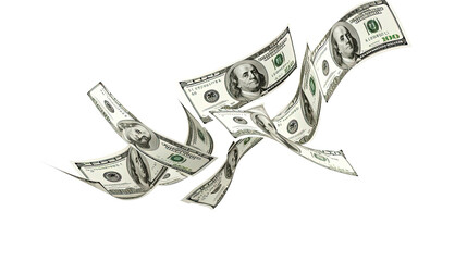 Dollars flying money curved in different ways on transparent or white background