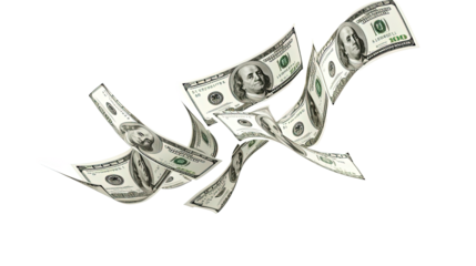 Dollars flying money curved in different ways on transparent or white background