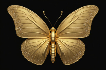 Elegant and luxurious gold butterfly encrusted with diamonds isolated on black background