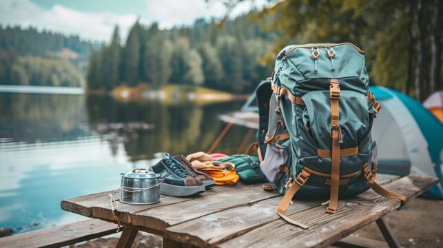 Close up of backback on the wooden table with camping stuff and mounting lake view on the background