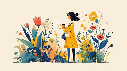A woman enjoys a cup of coffee amidst vibrant, stylized flowers