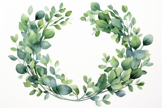 Green Eucalyptus Leaves Floral Wreath Watercolor Illustration Copy Space Center. Florist Salon, Beauty Parlor, Manicure Or Flyer Template Mockup.