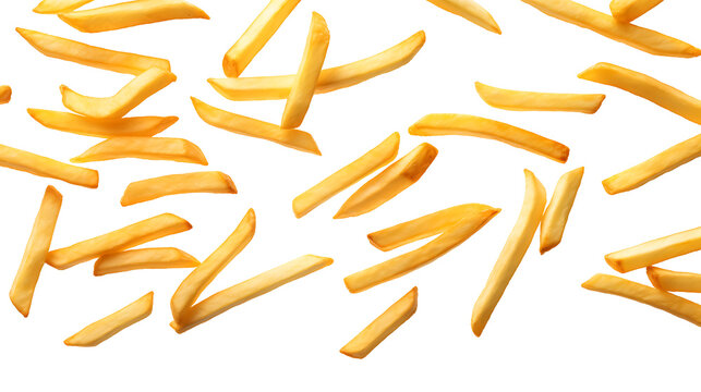 Falling French fries, potato fry isolated on transparent background, clipping path, full depth of field