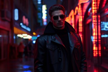 cool handsome guy in black cyberpunk clothes in Berlin or another big city at night. Party...