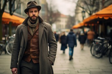 handsome guy in vintage clothes walking the street of Berlin or another European city. Shopping in fashion second hand store. - obrazy, fototapety, plakaty