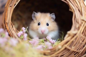 beige cute hamster pet at his little  home closeup. Vet clinic poster. 