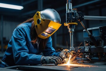 Welder at work, steel worker welding metal in an industrial setting with safety equipment, amidst...