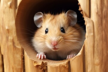 beige cute hamster pet at his little  home closeup. Vet clinic poster. 