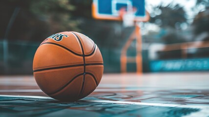 Basketball on a glossy court with blurred hoop background