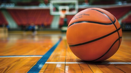 Close-up of a basketball on a shiny gym floor with blurred hoops in the background