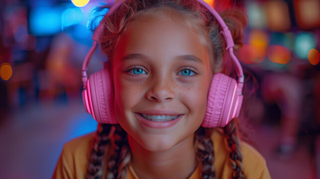 Adorable smiling teen enjoys favorite tunes, lost in rhythm of her headphones