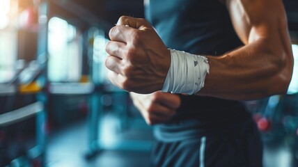 Athlete wrapping hand with white sports tape in gym