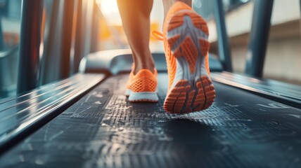 Jogger's feet in orange shoes on a treadmill, focused on a healthy lifestyle - obrazy, fototapety, plakaty