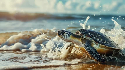 Poster Sea turtle reaching for the ocean under golden sunlight © Artyom