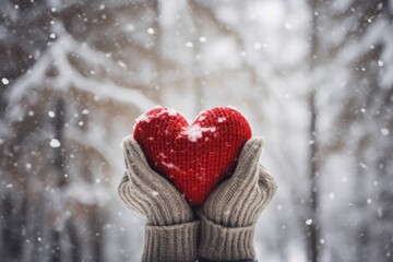 female hands in beige mittens holding red heart covered with snow in winter forest. Love and relationships. Romantic Valentines day. 