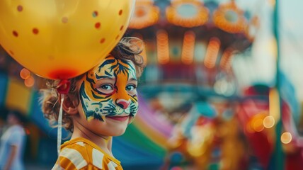Child with face paint and balloon at a funfair - obrazy, fototapety, plakaty