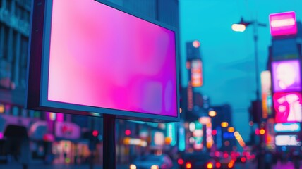 Neon-lit billboard on an urban street at dusk