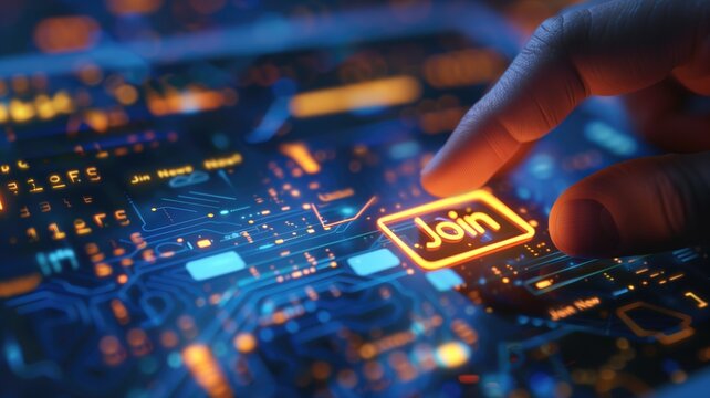Finger pressing 'Join' on a digital interface with neon lights