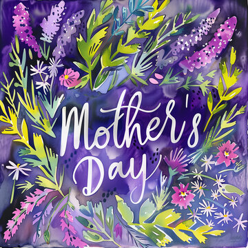 Mother's Day Watercolor with Lavender and Wildflowers. A richly colored watercolor painting featuring vibrant lavender and assorted wildflowers, framing a playful "Mother's Day" message.
