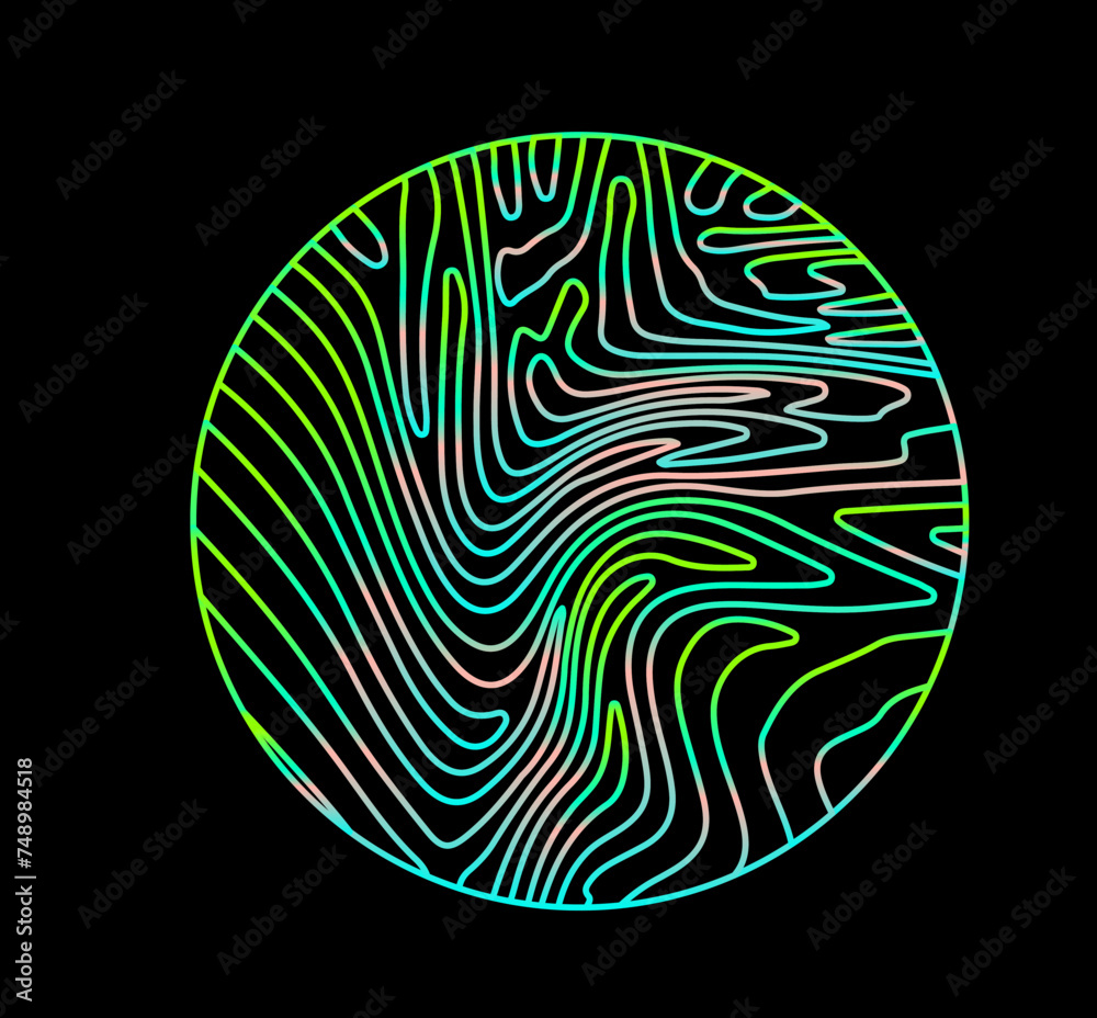 Aufkleber neon holographic circle with warped and glitched texture of lines.