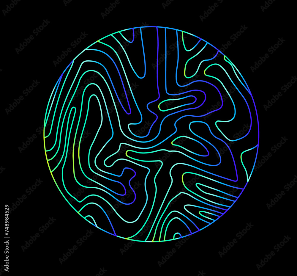 Poster neon holographic circle with warped and glitched texture of lines.