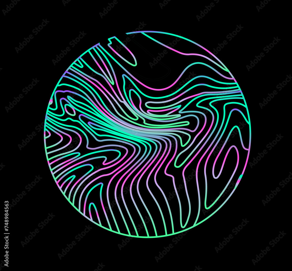 Aufkleber neon holographic circle with warped and glitched texture of lines.