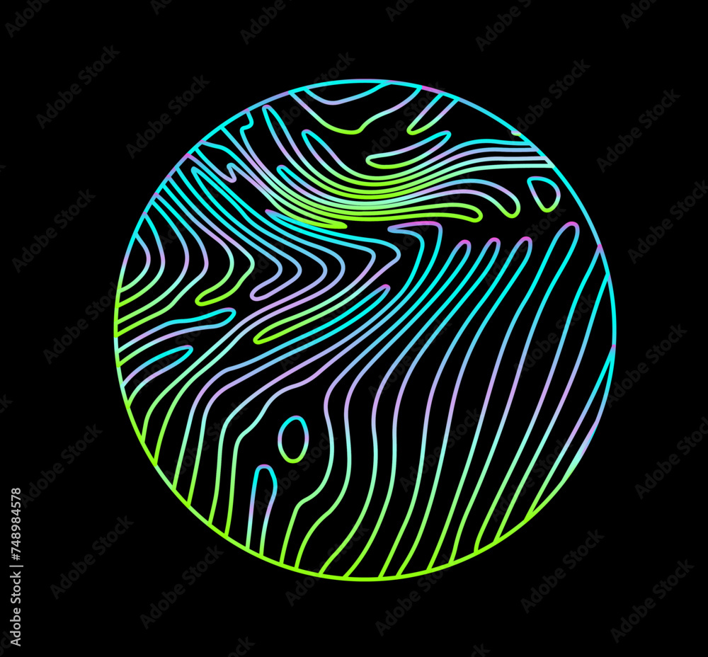 Aufkleber neon holographic circle with warped and glitched texture of lines.