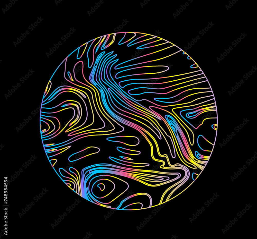 Poster neon holographic circle with warped and glitched texture of lines.