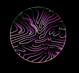 Neon holographic circle with warped and glitched texture of lines.