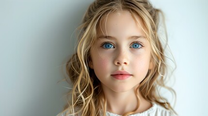 A young girl poses charmingly against a white backdrop exuding innocence. Concept Portrait Photography, White Backdrop, Innocence, Young Girl, Charming Pose