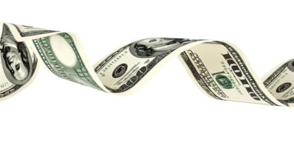 Dollars flying money curved in different ways on transparent or white background