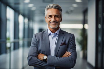 Fototapeta premium portrait of successful senior businessman consultant looking at camera and smiling inside modern office building