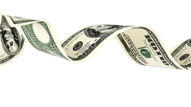 Dollars flying money curved in different ways on transparent or white background
